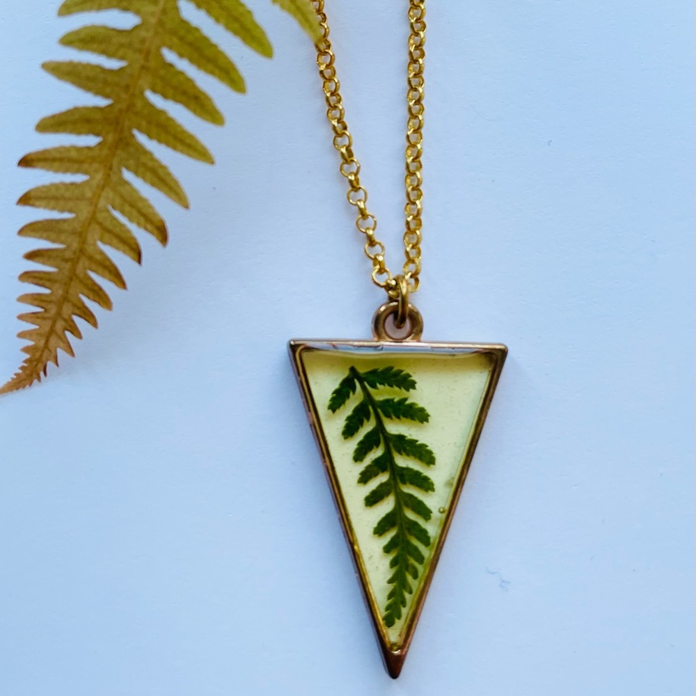 Gold Triangle Pendant Necklace with Green Fern
